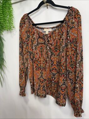 MICHAEL Michael Kors Paisley Scoop-Neck Blouse in Orange, Brown and Black